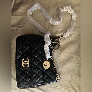 Chanel Black Quilted Shoulder Bag with White Fabric Chain